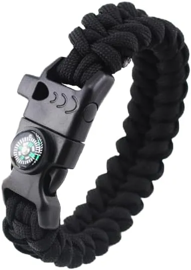 5 in 1 Survival Paracord Bracelet with Waterproof Compass, Emergency Tactical Paracord Camping Bracelet for Camping Hiking Fishing (Black)