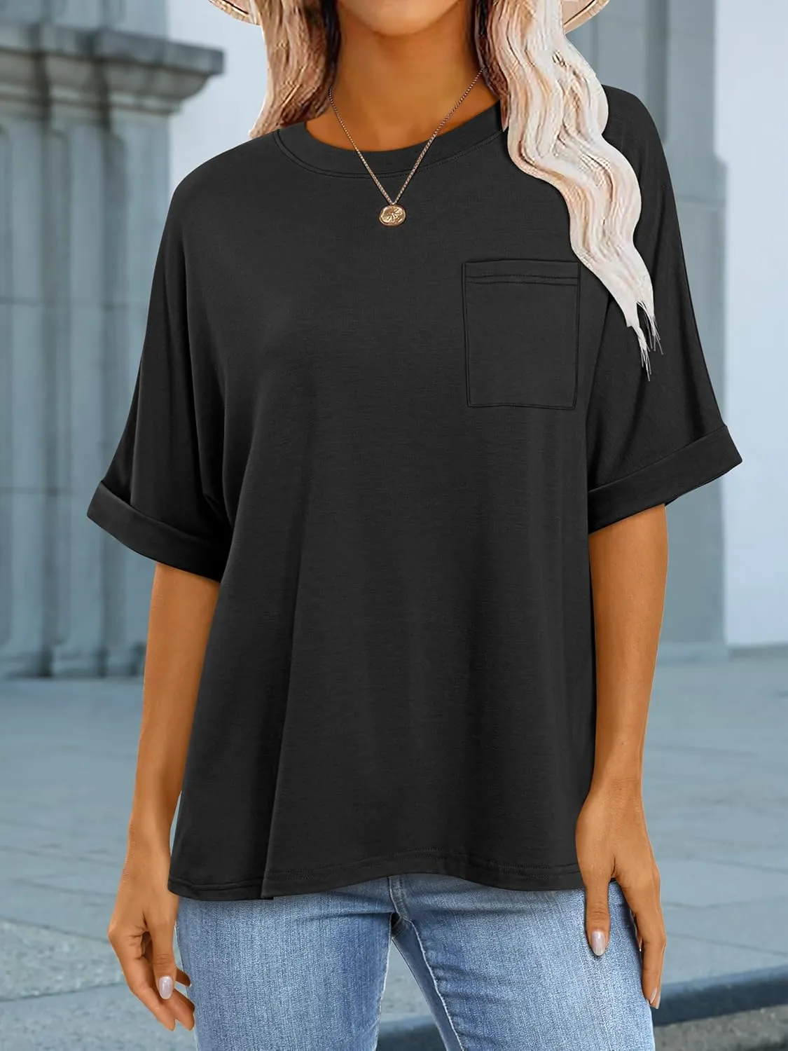 ANRABESS Women Oversized T Shirts Short Sleeve Summer Casual Loose Top Basic Tee with Pocket