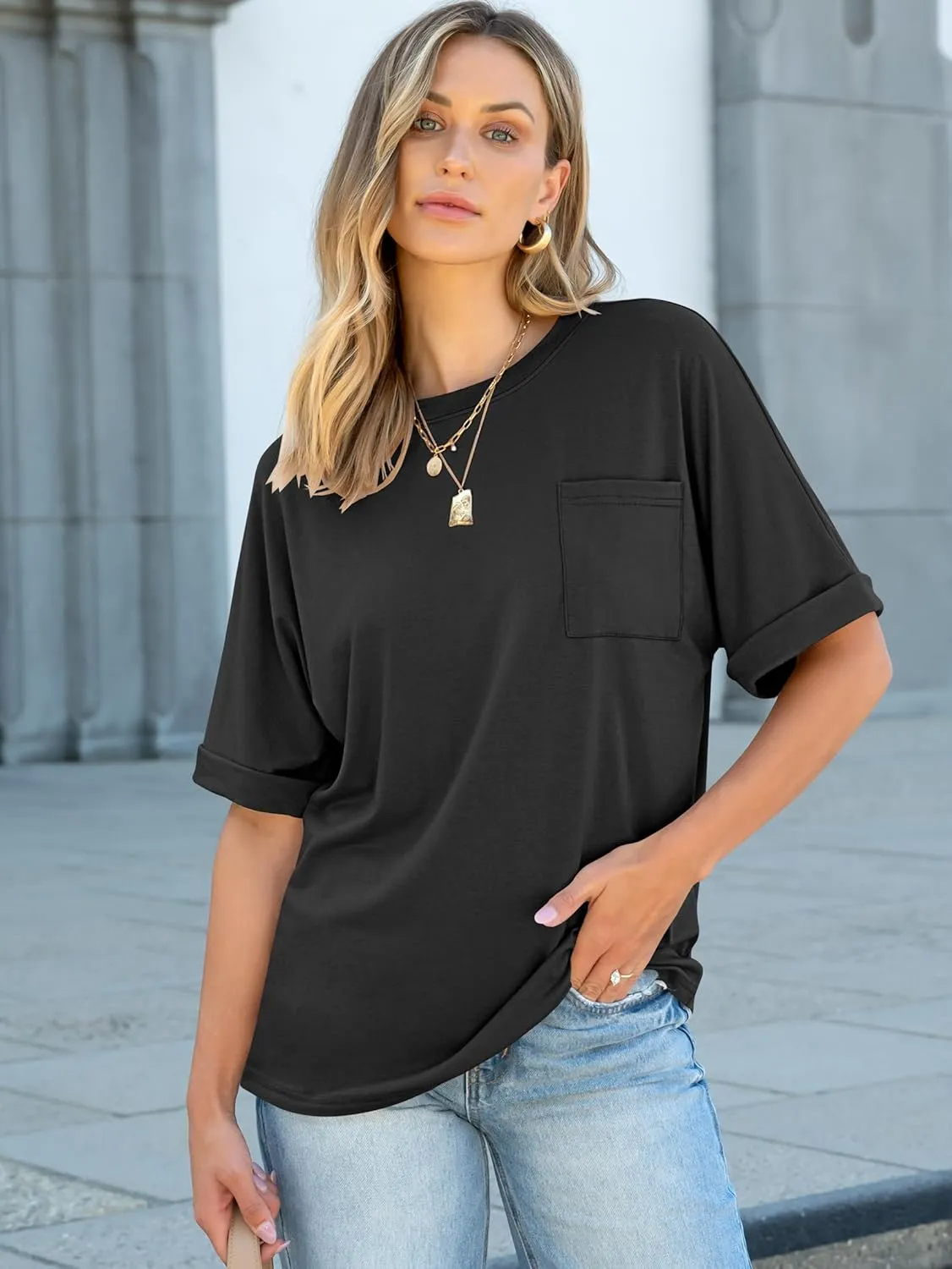 ANRABESS Women Oversized T Shirts Short Sleeve Summer Casual Loose Top Basic Tee with Pocket