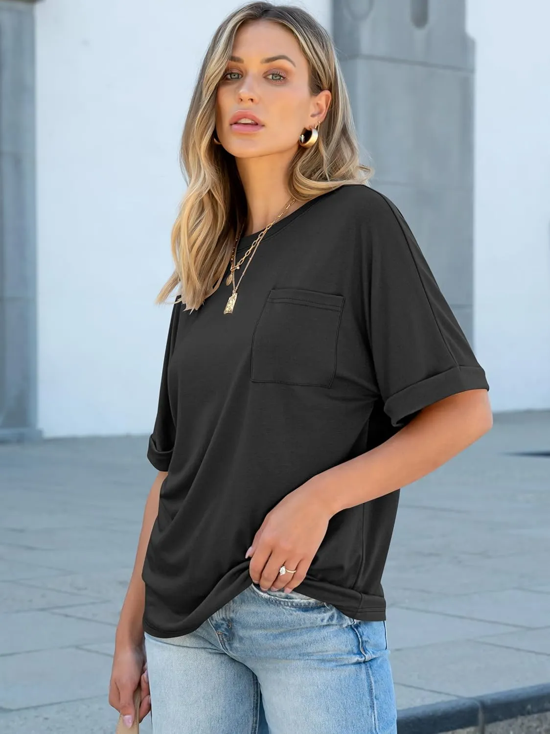 ANRABESS Women Oversized T Shirts Short Sleeve Summer Casual Loose Top Basic Tee with Pocket
