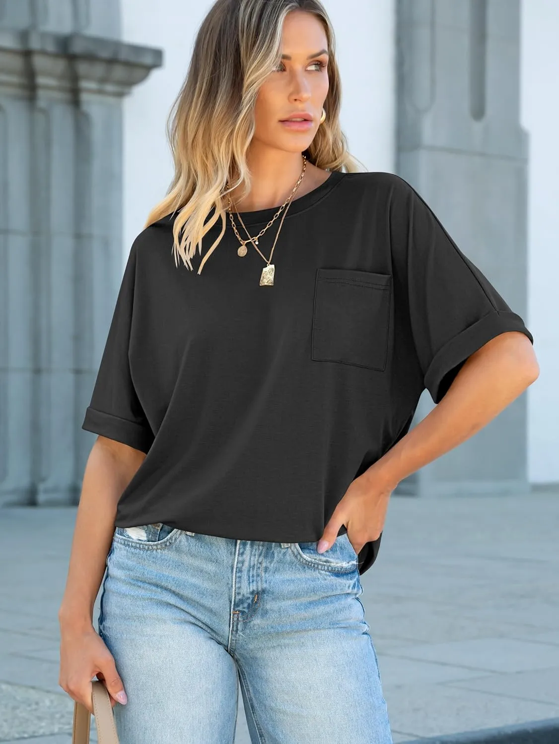 ANRABESS Women Oversized T Shirts Short Sleeve Summer Casual Loose Top Basic Tee with Pocket
