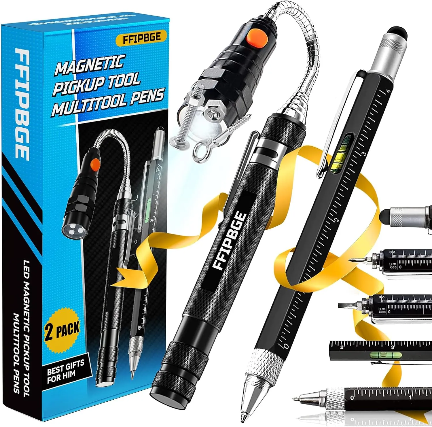 Birthday Gifts for Him, Fathers Day Dad Gifts, Magnet Pickup Tool with Telescoping Magnetic Flashlight and 6 in 1 Multitool Pen with Rulers, Bubble Level, Screwdrivers, and Ballpoint