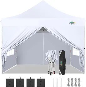 COBIZI 10x10 Pop Up Canopy with 4 Removable Sidewalls, Easy Set Up Canopy Tent, Waterproof Instant Party Tents for Weddings & Parties, UPF 50  UV Protection, 3-Height Adjustable Frame,White