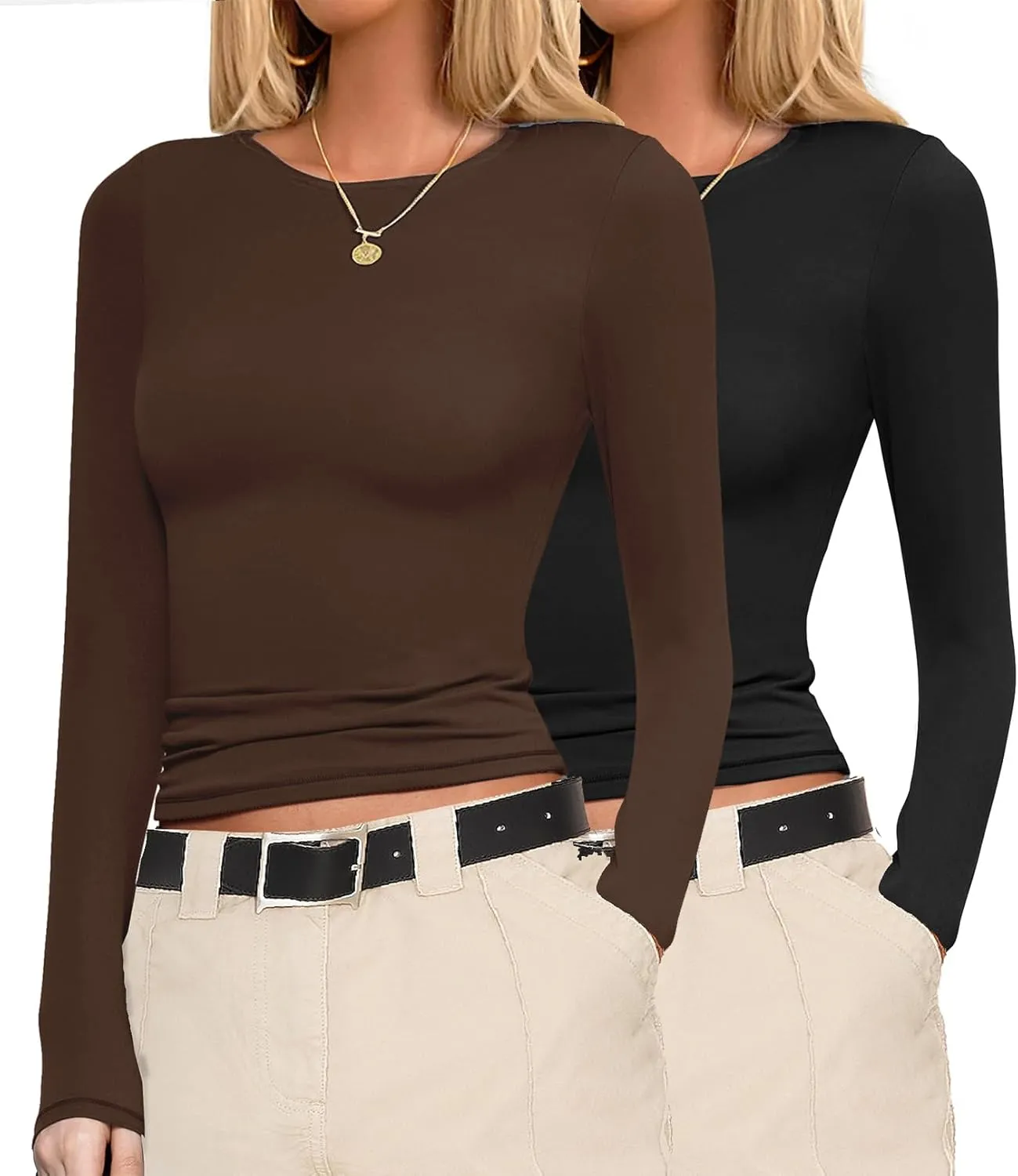 Ekouaer Womens Long Sleeve Shirts Fitted Tops Stretchy Base Layer Tight Basic Thermal Undershirt XS-XXL