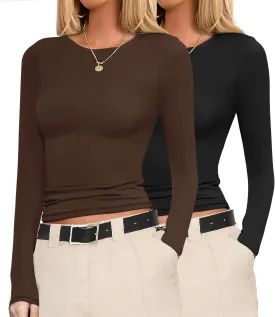 Ekouaer Womens Long Sleeve Shirts Fitted Tops Stretchy Base Layer Tight Basic Thermal Undershirt XS-XXL