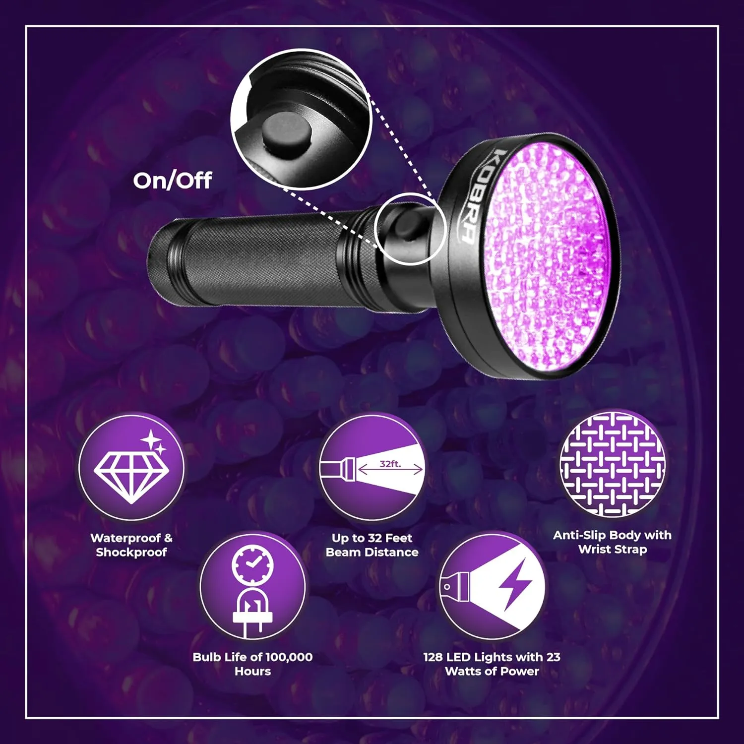 Kobra UV Black Light Flashlight 395nm - 128 LED Portable UV Light & Black Light for Pet Urine Detection - Home or Hotel Bed Bugs, Leaks & Counterfeit Money Inspection - 23W, (Black)