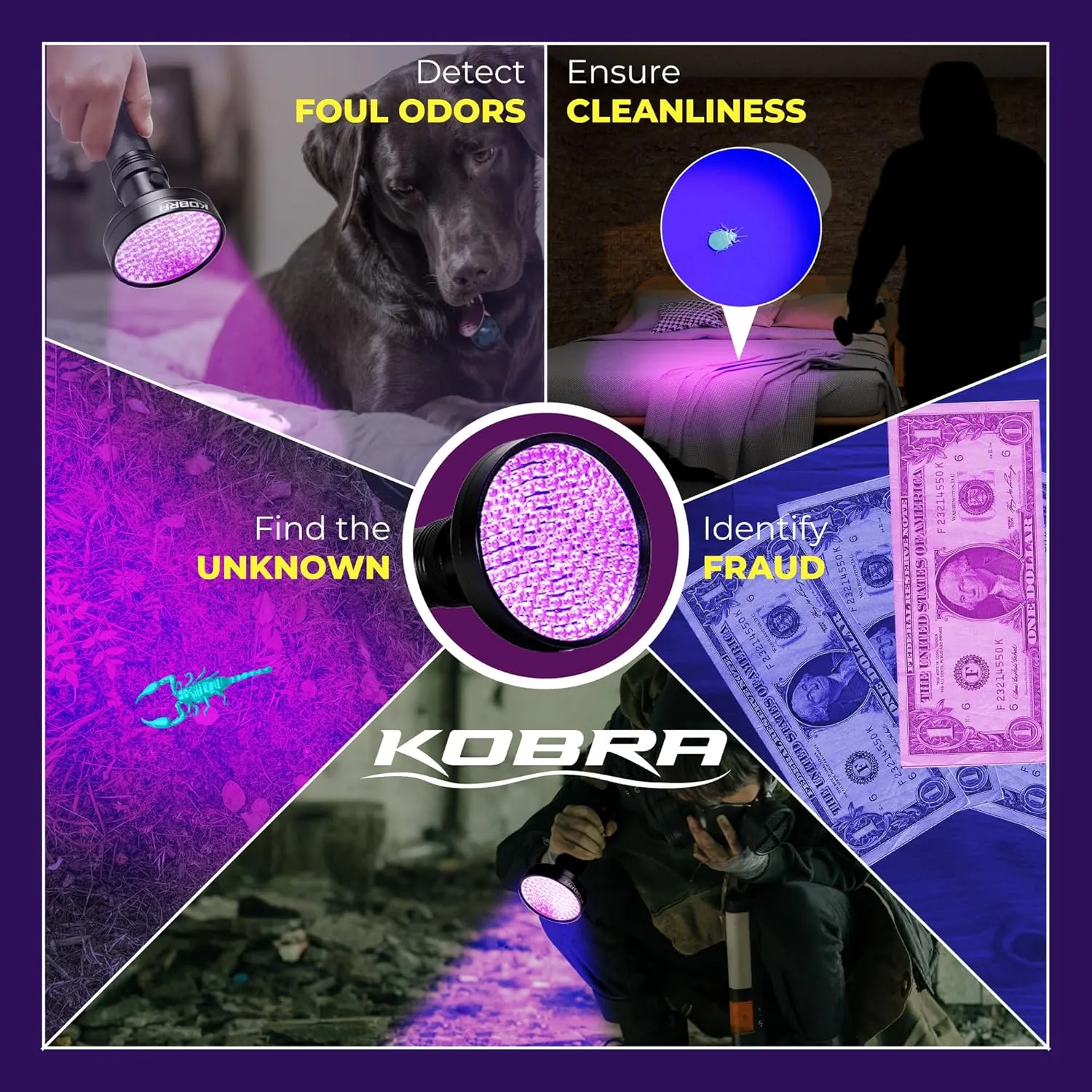 Kobra UV Black Light Flashlight 395nm - 128 LED Portable UV Light & Black Light for Pet Urine Detection - Home or Hotel Bed Bugs, Leaks & Counterfeit Money Inspection - 23W, (Black)