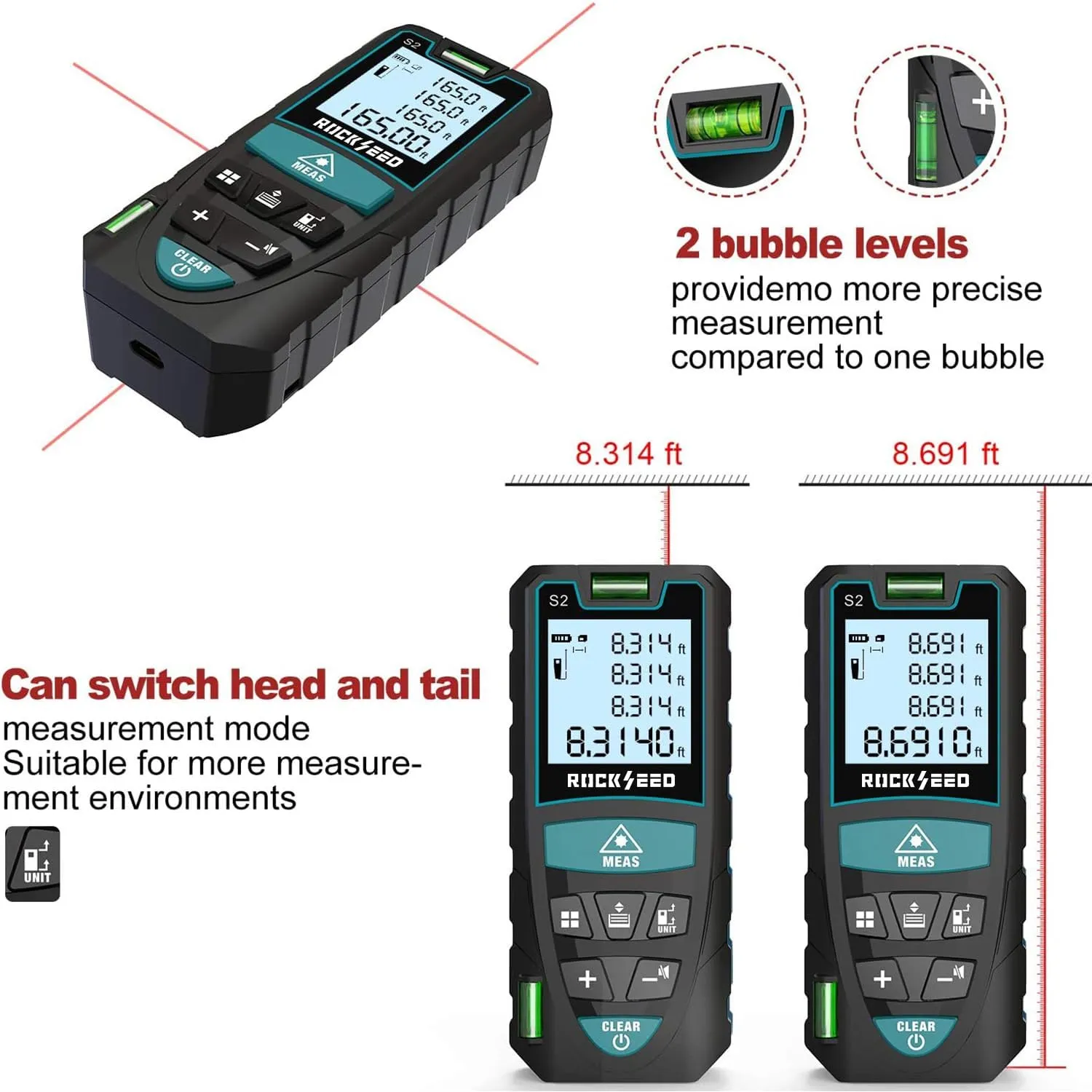 Laser Measure 50M/165ft,RockSeed Digital Laser Distance Meter with 2 Bubble Levels,Portable M/in/Ft Unit Switching Backlit LCD and Measuring Distance/Area/Volume/Pythagorean