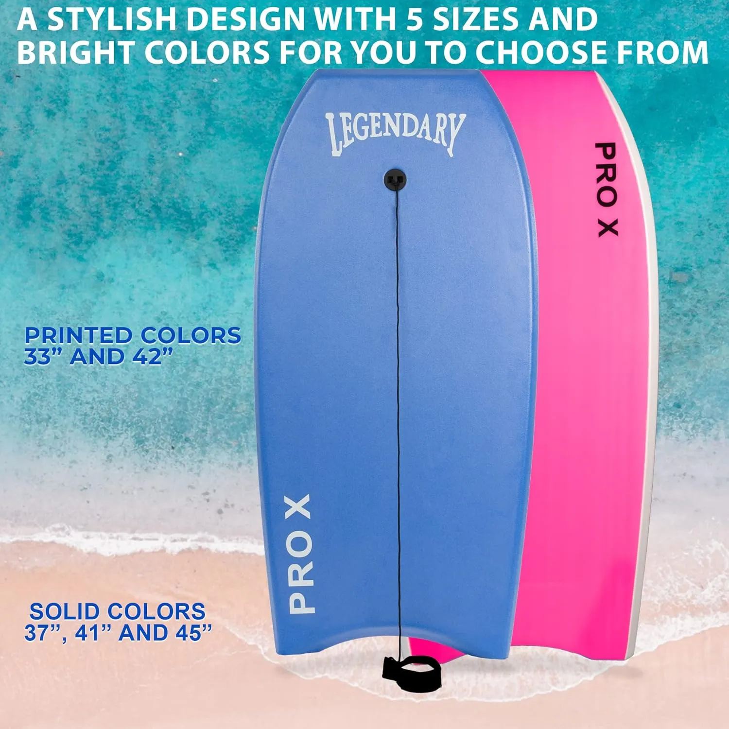 Legendary Pro X Bodyboard for Beach with Hard Slick Bottom, Boogie Boards for Kids & Adults, Heat Sealed with EPS Core, Leash