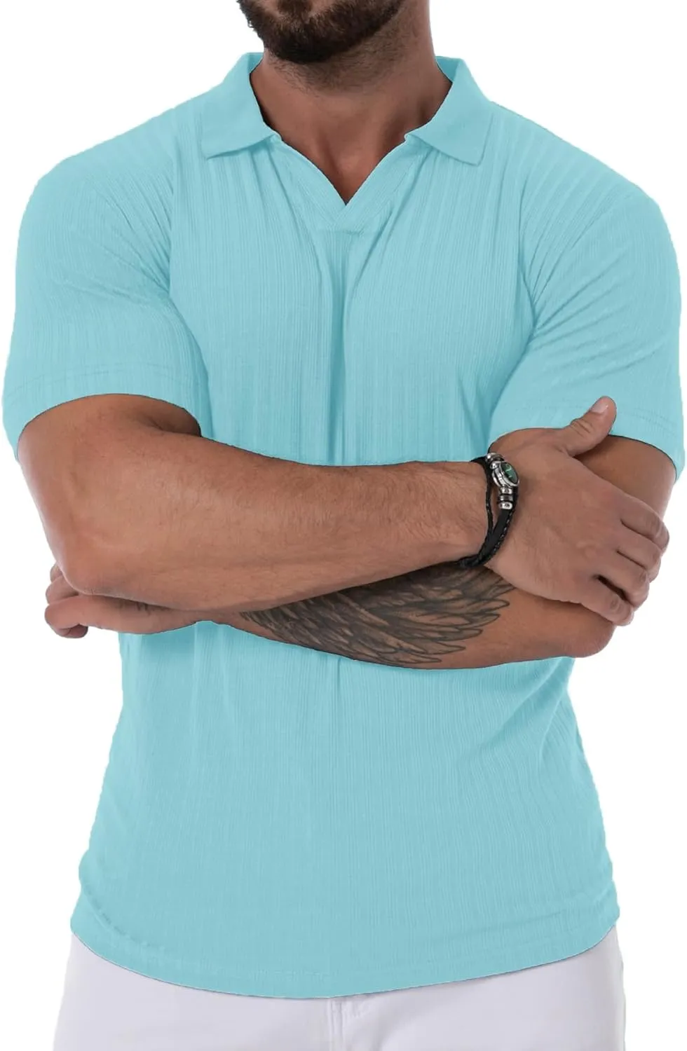 Mens V Neck Muscle Polo Shirts Slim Fit Short Sleeve Ribbed Polo T Shirt Stretch Golf Tees