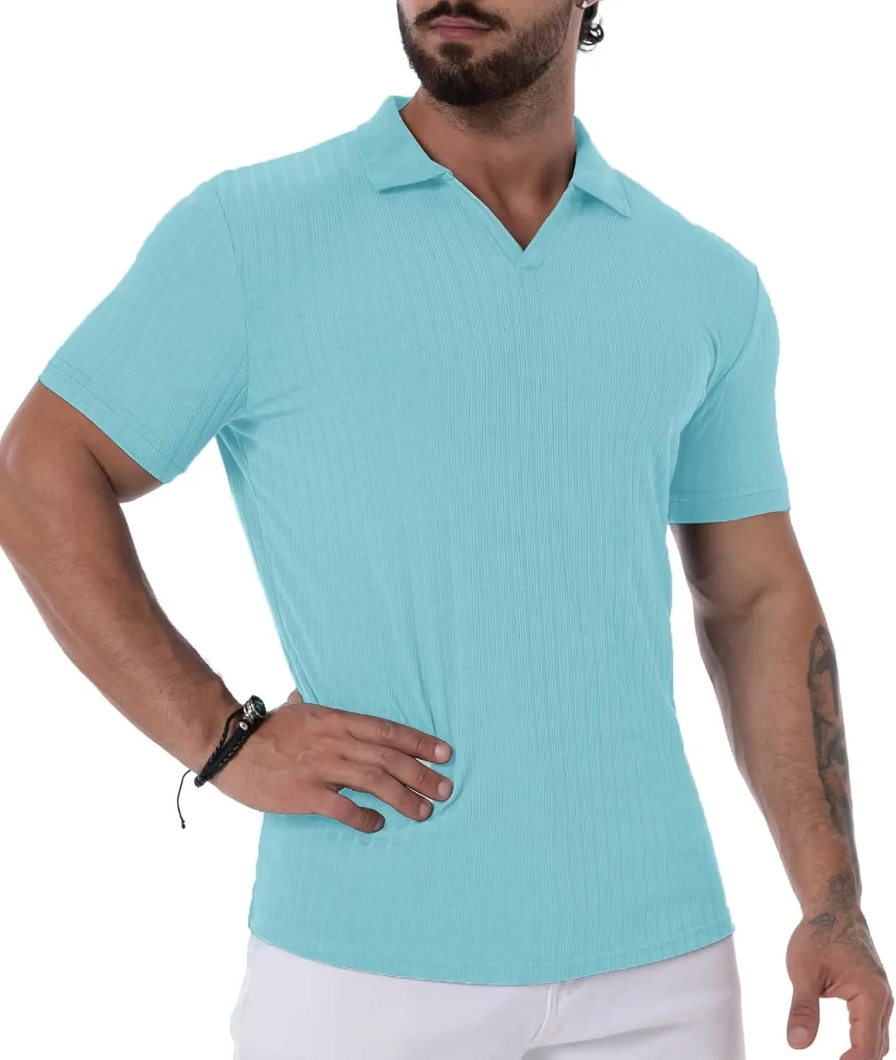 Mens V Neck Muscle Polo Shirts Slim Fit Short Sleeve Ribbed Polo T Shirt Stretch Golf Tees