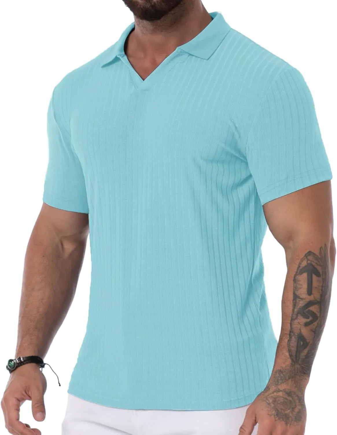 Mens V Neck Muscle Polo Shirts Slim Fit Short Sleeve Ribbed Polo T Shirt Stretch Golf Tees