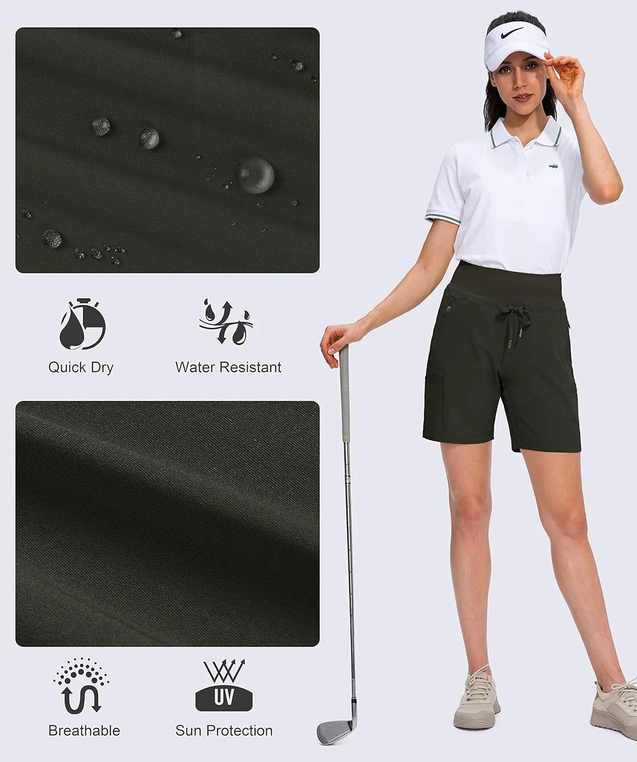 Obla Women's Hiking Cargo Shorts Zipper Pockets Soft High Waisted Quick Dry 7 Inch Long Shorts for Women Golf Athletic Summer