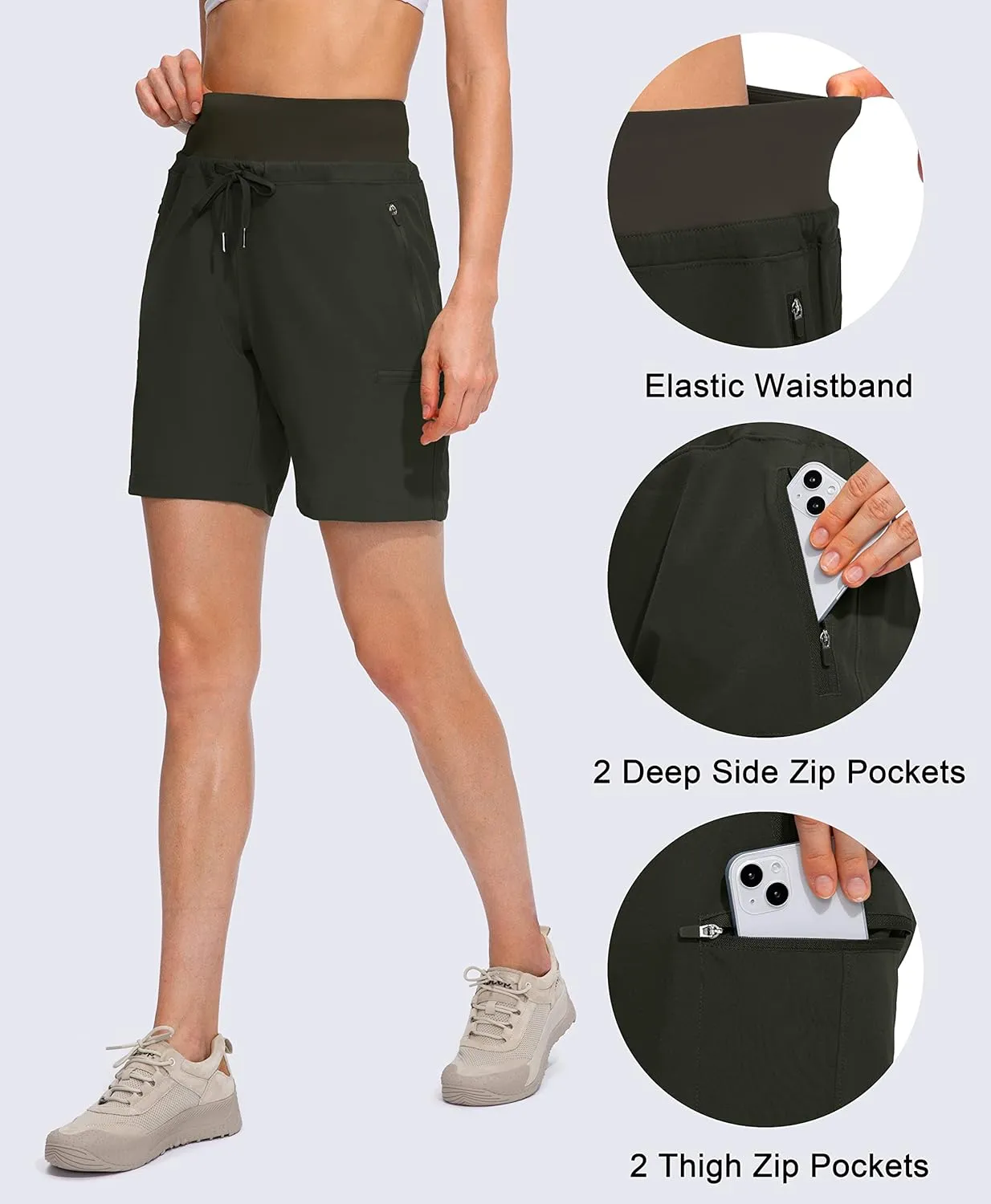Obla Women's Hiking Cargo Shorts Zipper Pockets Soft High Waisted Quick Dry 7 Inch Long Shorts for Women Golf Athletic Summer