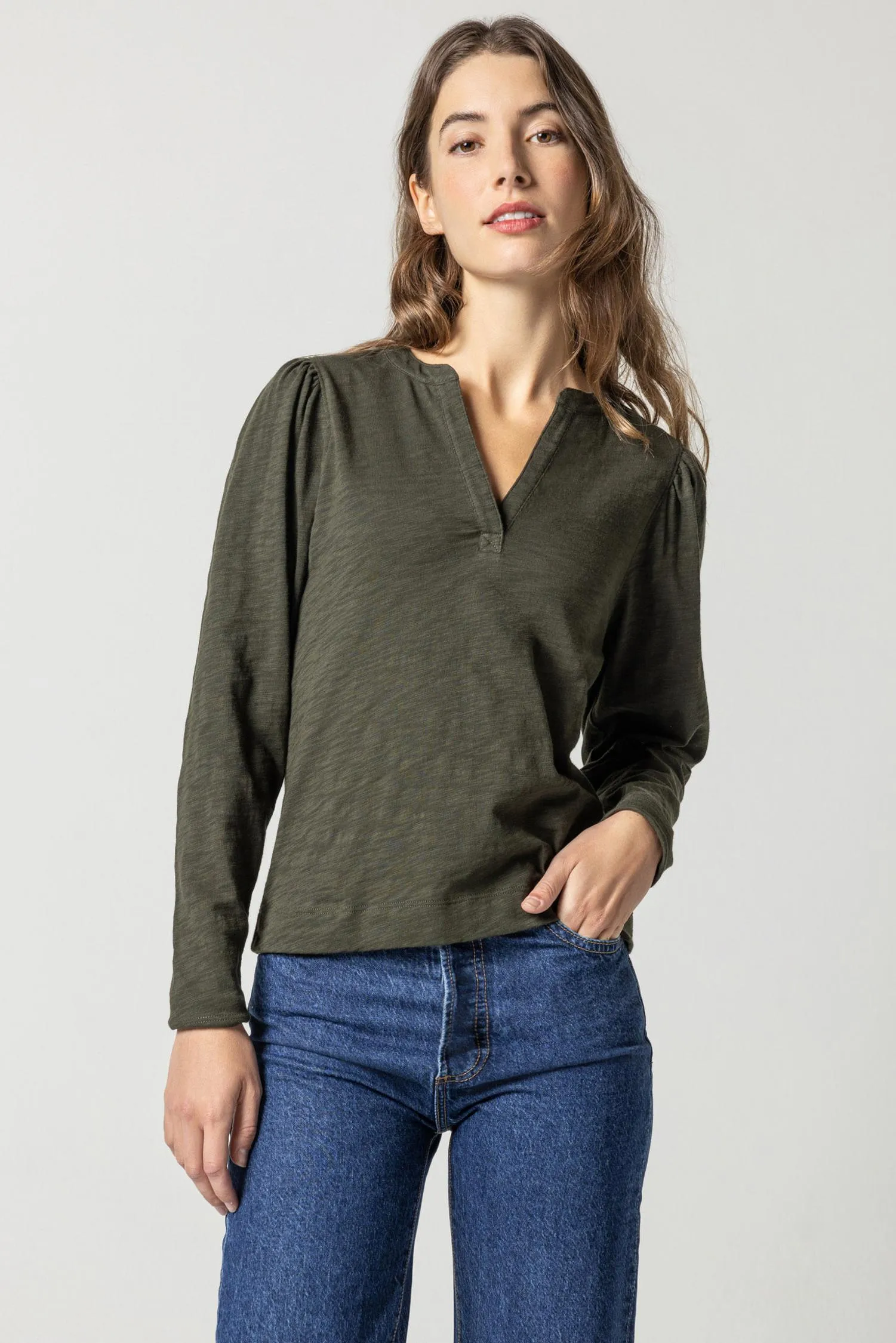 Shirred Long Sleeve Split Neck