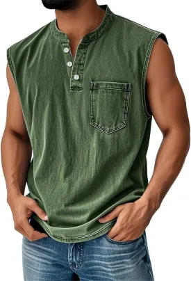 Sleeveless Shirts for Men Henley Neck Big Tall Workout Muscle Tank Tops Summer Relaxed Fit Plain Oversized Tshirts