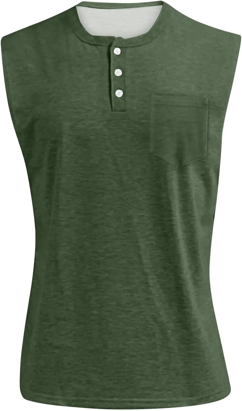 Sleeveless Shirts for Men Henley Neck Big Tall Workout Muscle Tank Tops Summer Relaxed Fit Plain Oversized Tshirts