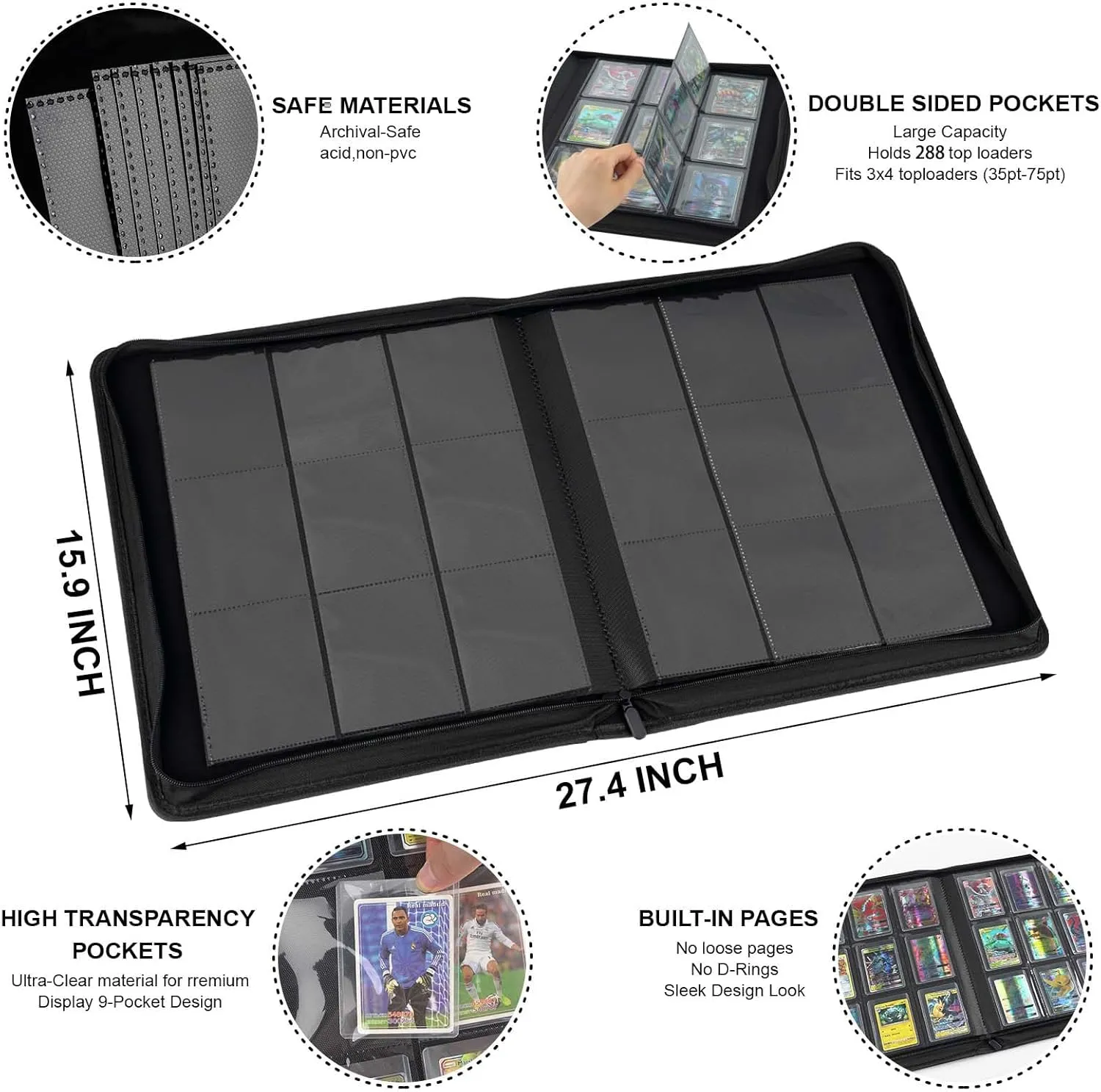 Toploader Binder with 9-Pocket Pages, Holds 288 "34" Rigid Toploader Hard Cases, Card Holder for Collectible Cards or Sports Cards, Durable Sleeves for Storage & Display (Gray)