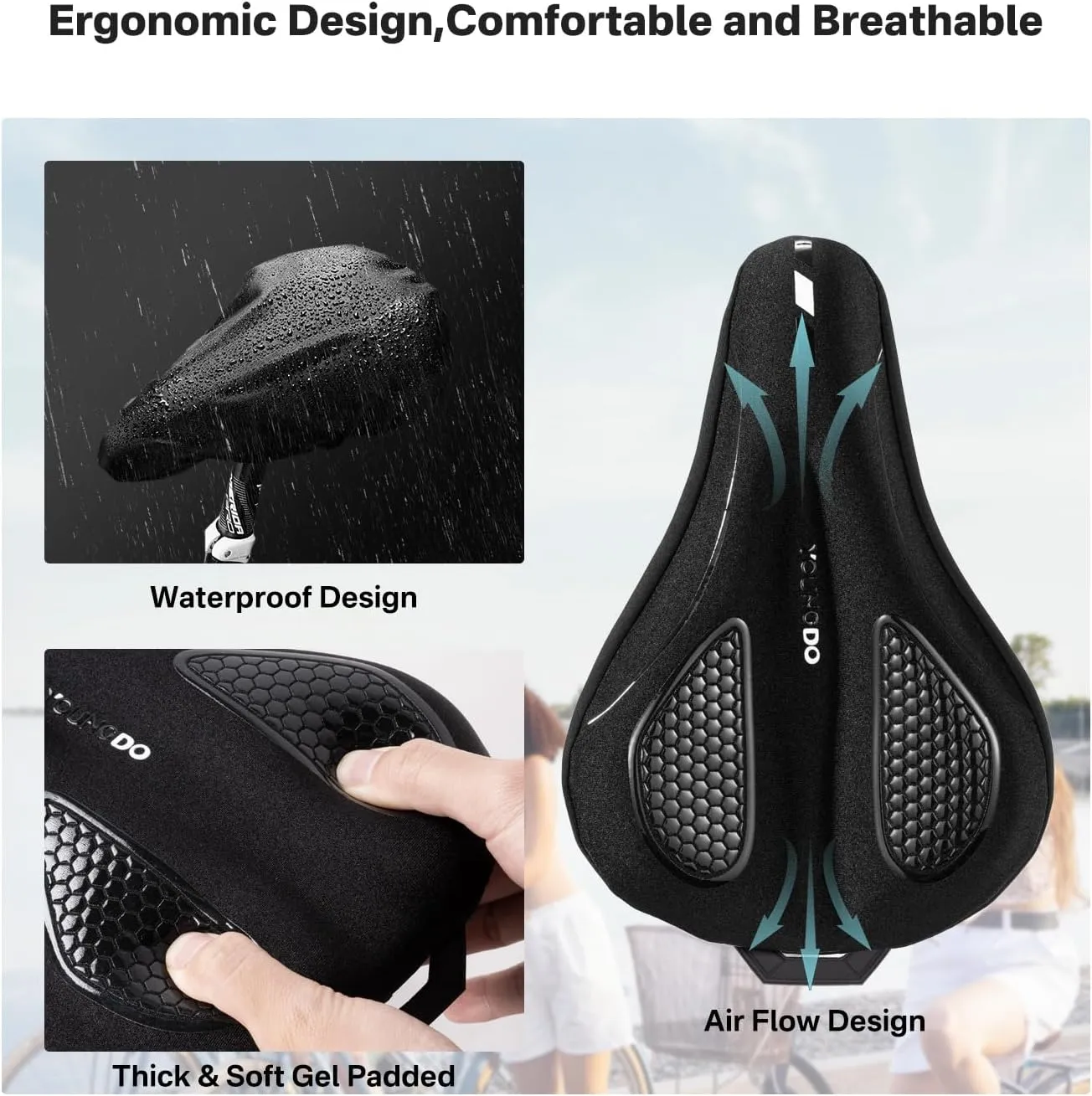YOUNGDO Bike Seat Cushion with Waterproof Cover, Gel Bicycle Seats Pad for Narrow Saddle, Shock Absorbing, Fit for Peloton, BMX, MTB & Road