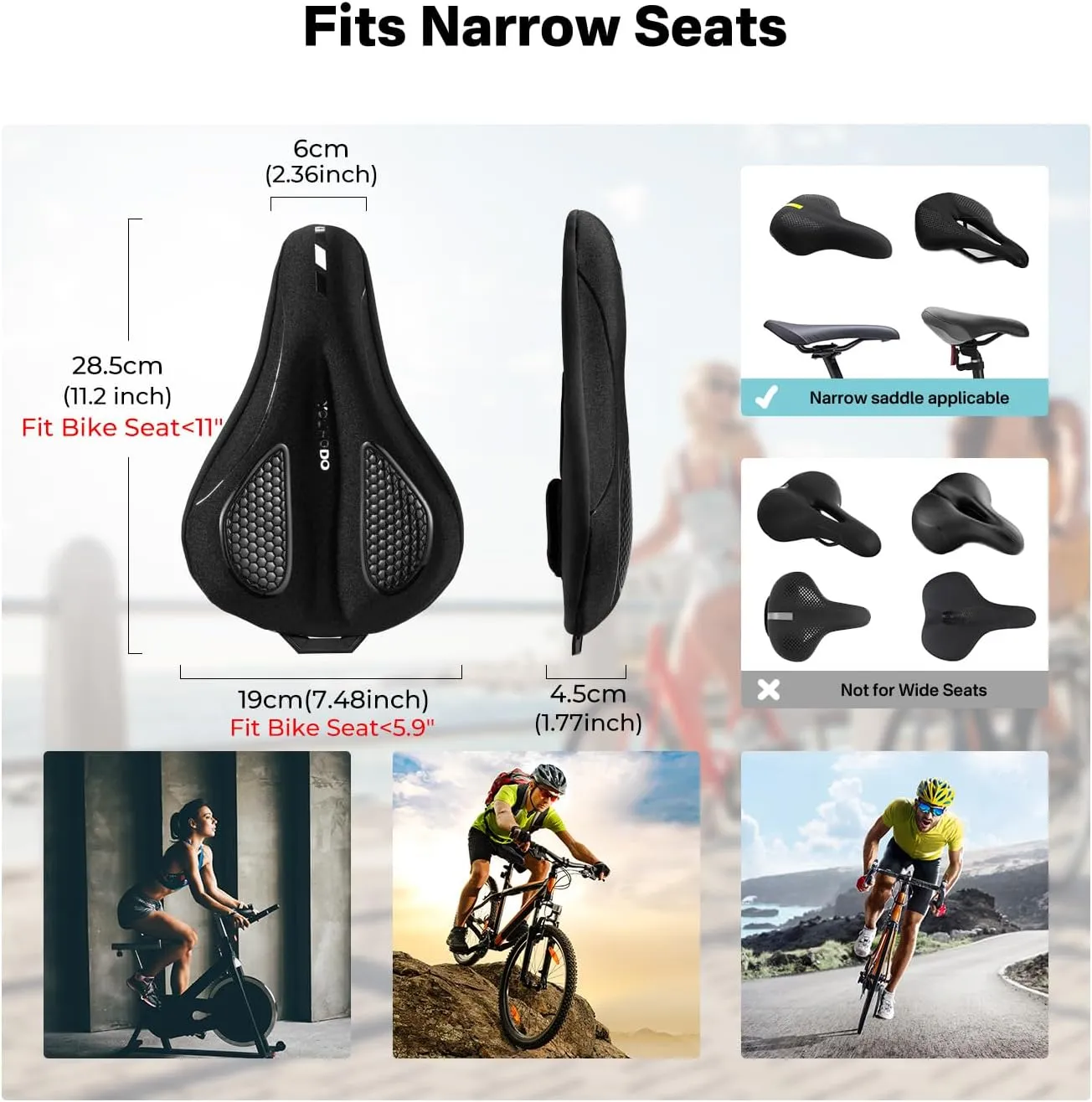 YOUNGDO Bike Seat Cushion with Waterproof Cover, Gel Bicycle Seats Pad for Narrow Saddle, Shock Absorbing, Fit for Peloton, BMX, MTB & Road