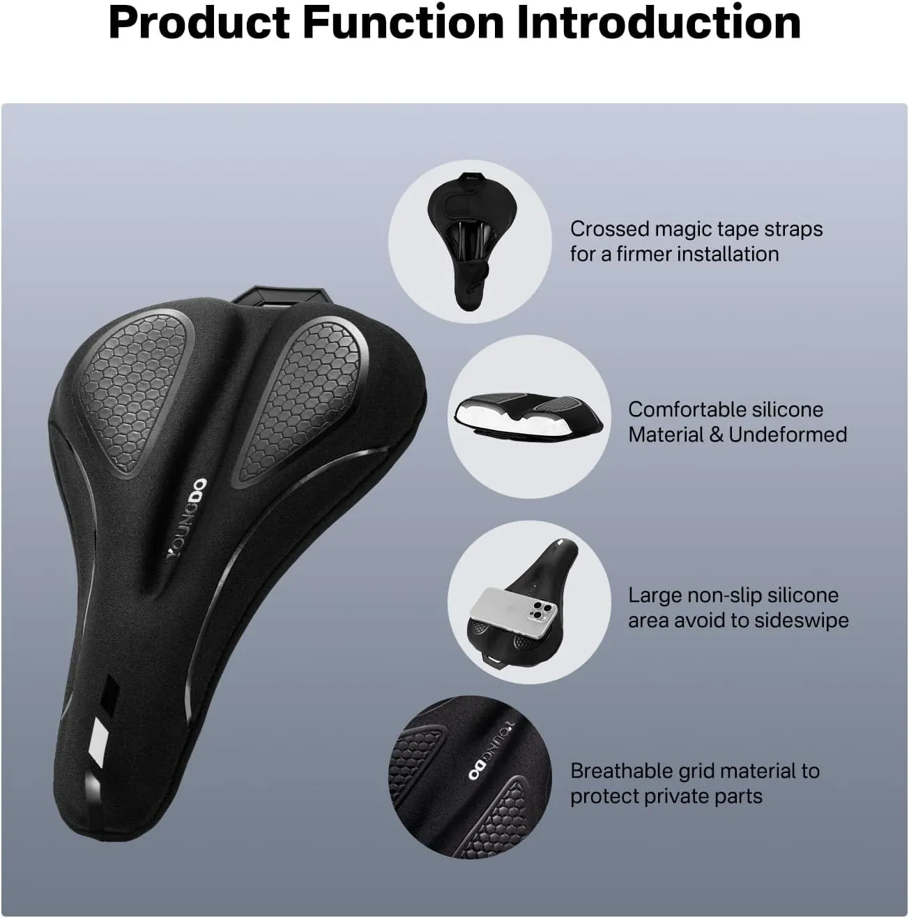 YOUNGDO Bike Seat Cushion with Waterproof Cover, Gel Bicycle Seats Pad for Narrow Saddle, Shock Absorbing, Fit for Peloton, BMX, MTB & Road