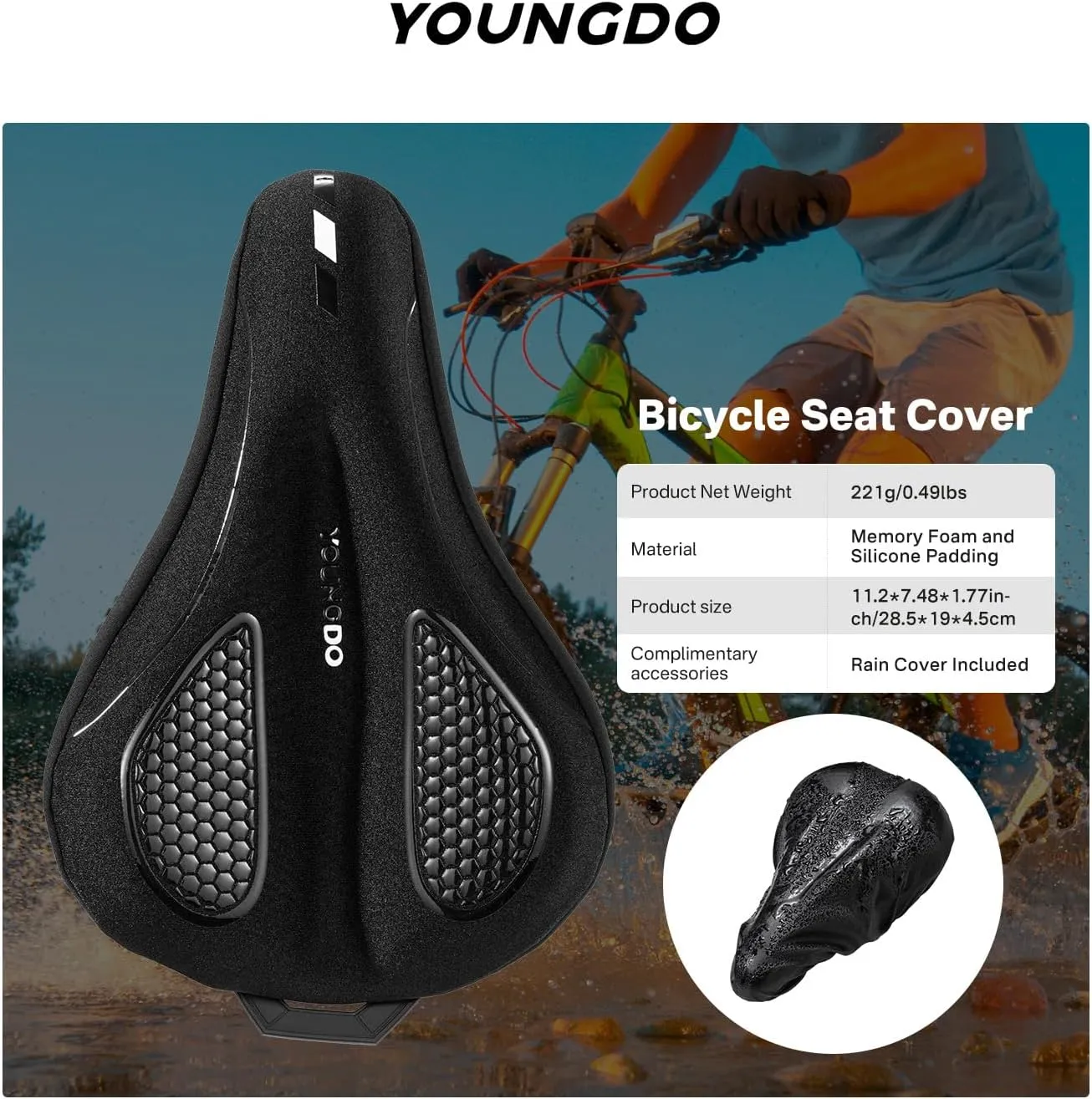 YOUNGDO Bike Seat Cushion with Waterproof Cover, Gel Bicycle Seats Pad for Narrow Saddle, Shock Absorbing, Fit for Peloton, BMX, MTB & Road